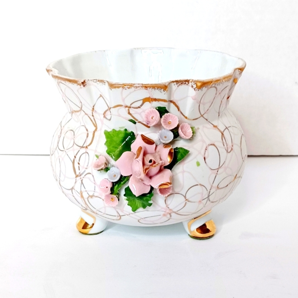 Vintage Lefton China Hand Painted Gold Leaf Trinket Bowl